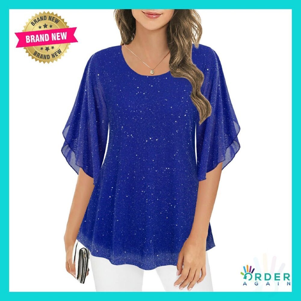 Elegant Sparkle Tunic Blouse 3/4 Sleeve Double Layer Flowy Fit Chic